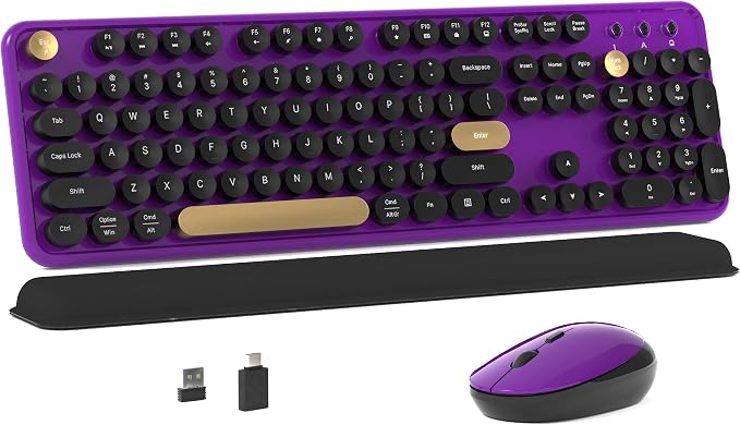 Colorful MPTOG Wireless Computer Keyboard and Mouse Combo (Black-Purple) | Retro Round Typewriter Keycaps, Power Switch, Ergonomic Design, 2.4GHz Wireless for Windows, Mac, PC by MPTOG