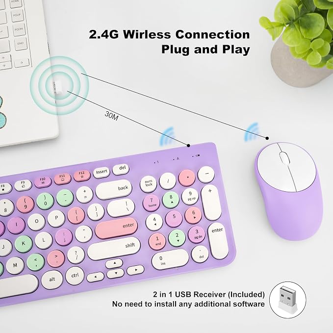 Wireless Keyboard and Mouse Combo, Retro Typewriter Keyboard with Round Keycaps, 2.4GHz USB Cute Wireless Keyboard Mouse for Computer, Desktop, Laptop (Purple Colorful) - Image 2