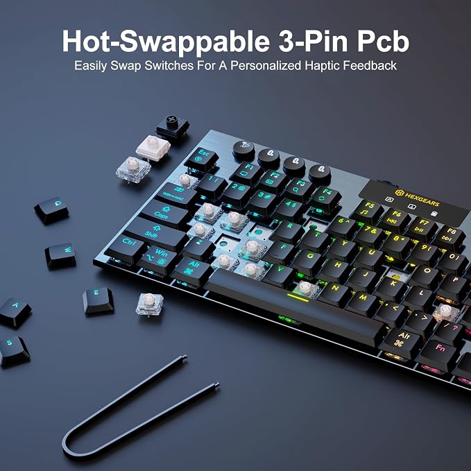 Hexgears Immersion A3 Low-Profile Wireless Mechanical Keyboard, TKL Hot-Swappable Aluminum Gaming Keyboard, BT5.0/2.4GHz/USB-C Tactile Switches, RGB Backlit, TFT Screen & 5800mAh Battery for Pc/Mac - Image 4