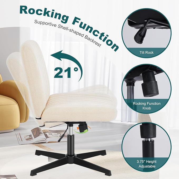 OLIXIS Criss Cross Chair, Vanity Chair, Home Office Desk | Armless Wide Seat, Height Adjustable Swivel, Comfy Fabric, Bedroom Student Study Room, Beige No Wheel - Image 6