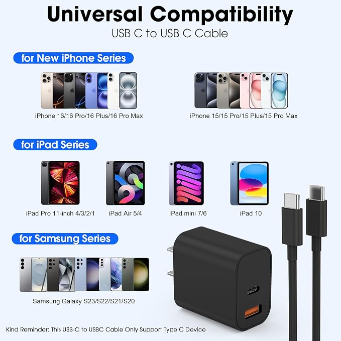 iPhone 17 16 15 Charger Fast Charging,20W USB C Wall Charger Block with 10ft Type C to C Cable Cord for Apple iPhone 17/17 Pro/17 Pro Max/17 Air/16/16 Plus/16 Pro/16 Pro Max/15 Pro Max/iPad Pro Black - Image 2