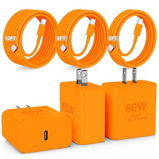 60W USB C Quick Wall Charger Block for Galaxy S26 Android Phones, 3Pack Super Fast Charger Adapter with Bulk 3/6/10FT Long USB C Charging Cable Cords for Samsung Galaxy S26+/S25/S24/S23 Ultra by Hzevn