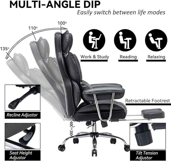 Efomao Big and Tall Office Chair with Foot Rest 400LBS, PU Leather Computer Chair, Heavy Duty Executive Office Chair with Lumbar Support, Black Home Office Chairs | 400lbs support, 135° recline, dual-layer foam cushion, 23.5" seat & footrest. BIFMA - Image 4