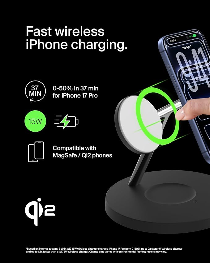 Belkin Qi2 15W Wireless Charging Station, 3 in 1 iPhone Charger | Fast Charging, MagSafe Compatible, iPhone 17/16/15, Apple Watch, AirPods, Travel Charger, Magnetic - Image 3