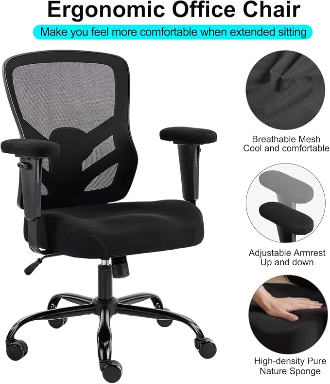 YFO Ergonomic Office Chair, Mesh Computer Desk Chair with Adjustable Back Lumbar Support and Armrests, Comfy Executive Rolling Swivel Task Chair for Home Office, Black - Image 6