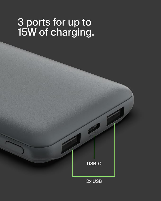 Belkin 10000mAh 15W 3 Port Power Bank, USB A to USB C Cable Included | Fast Charging, iPhone 17, Samsung Galaxy, Pixel, Airpods, iPad, Nintendo Switch 2, Battery Pack, USB C Port, USB A Port - Image 8