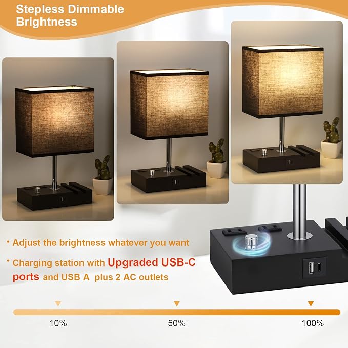 Black Table Lamp for Bedroom - Stepless Dimmable, USB C+A, 2 AC Outlets | Dimming By Rotary Knob, USB C+A Ports, 2 Phone Stands, LED Bulbs Included, Rectangle Black Lampshade, for Living Room, Desk - Image 2