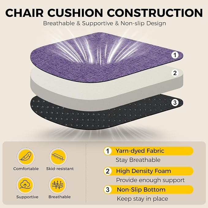 downluxe Indoor Chair Cushions for Dining Chairs, Soft and Comfortable Textured Foam Kitchen Chair Pads with Ties and Non-Slip Backing, 16" x 16" x 2", Purple, 4 Pack - Image 3