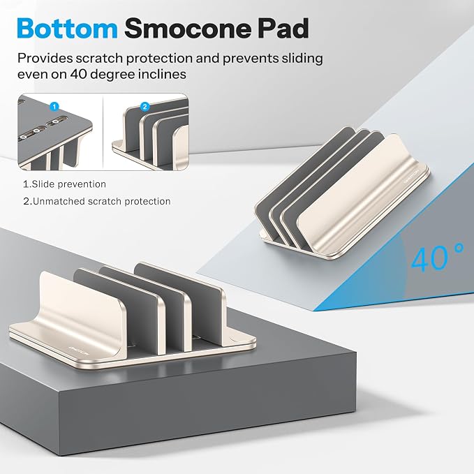 OMOTON 3-Slot Multiple Vertical Laptop Stand, Fits MacBook, Starlight | Adjustable Width 0-1.38", Aluminum Office Space-Saving for Desk, Fits MacBook/Book/iPad Up to 17.3in - Image 3