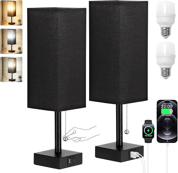 Set of 2 Black Bedside Table Lamps for Bedroom - Nightstand Lamp, USB C+A | Pull Chain Lamp, 3 Color Modes(3000K/4000K/5000K), E26 LED Bulb Included, Square Black Fabric Lampshade, for Read, Work, Dorm - Image 8