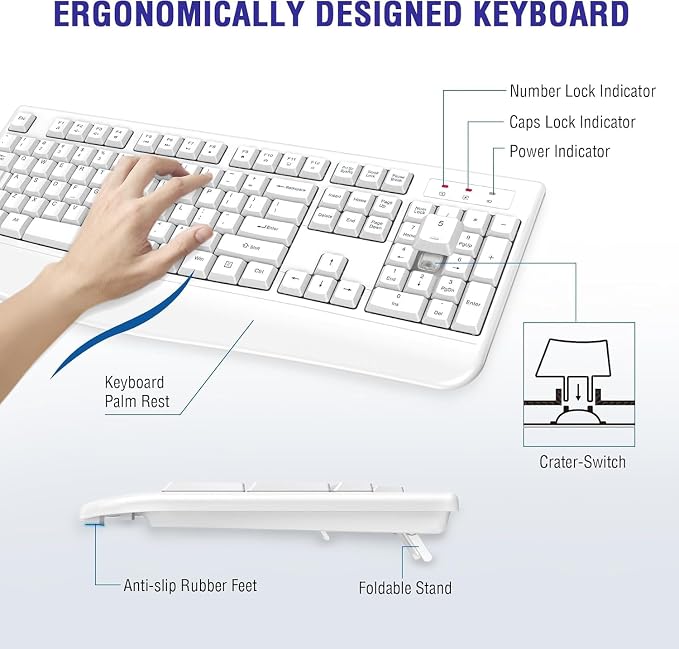 QUASIO Wireless Keyboard, 2.4G Full-Sized Ergonomic Wireless Computer Keyboard with Wrist Rest for Windows, Mac OS Laptop/PC/Desktop/Notebook(Off White) - Image 5