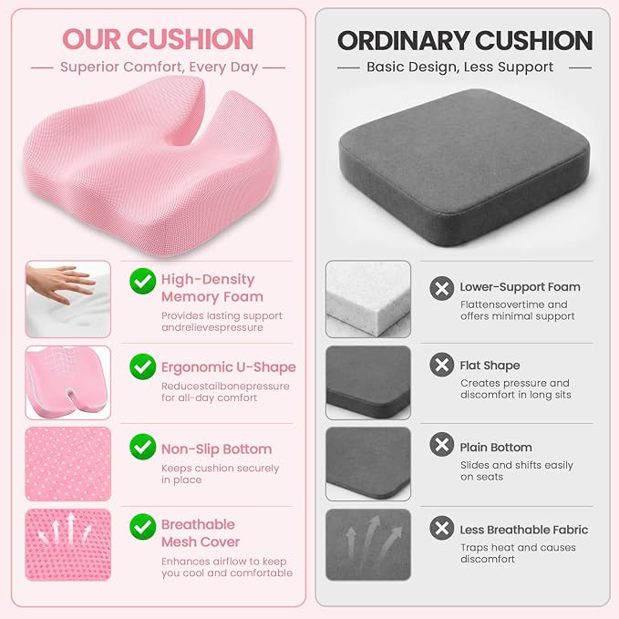 CJACSOC Seat Cushion, Extra Large Memory Foam Cushion for Office Chair Cushions, Ergonomic Cushions Pad Pillow for Pressure Relief Sciatica & Pain Relief for Long Sitting, Pink - Image 7