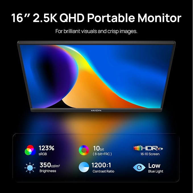 ARZOPA 16" 2.5K Portable Monitor, 2560x1600 QHD IPS Display 123% sRGB with Built-in Stand USB-C HDMI Eye Care External Second Screen for Mac Laptop Phone PS4/5 Xbox Switch -Z1RC - Image 2