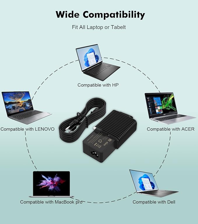 100W USB C Laptop Charger, Fast USB-C Power Adapter Compatible with Lenovo ThinkPad, HP, Dell, Asus, Acer, MacBook, Chromebook and More, PD 3.0 Type C Notebook Power Cord - Image 3