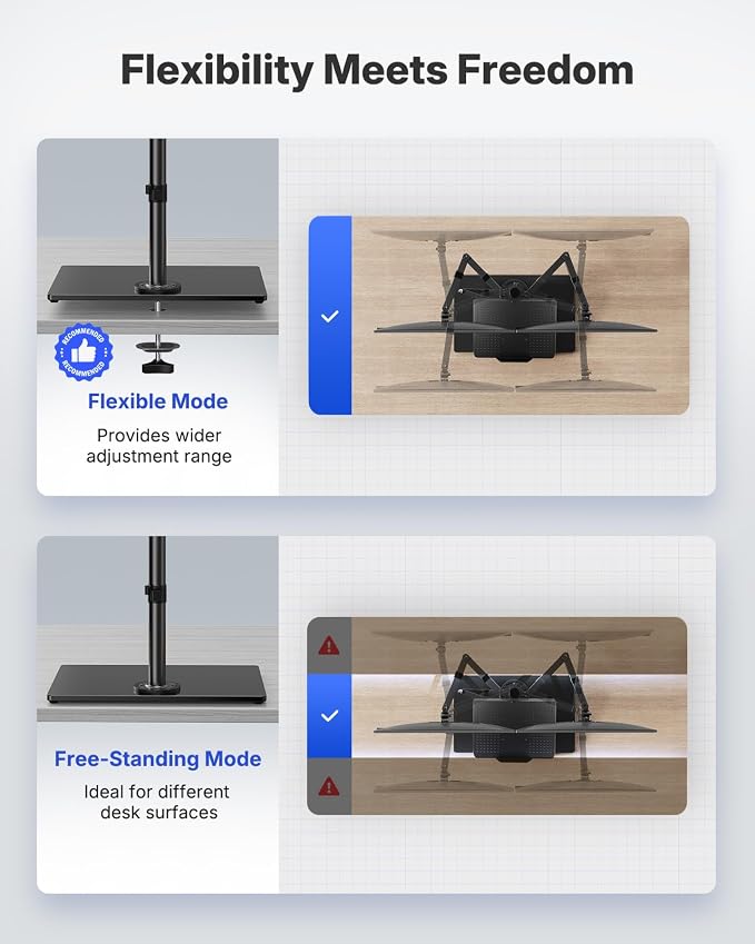 HUANUO Dual Monitor Stand with Laptop Desk Mount, Freestanding Glass Base | Fits 13-32 Inch Screens, Up to 17 Inch Laptop, 22 lbs/Monitor Arm, 19.8 lbs/Tray Arm, 2 Setup Options, VESA 75x75/100x100mm - Image 7