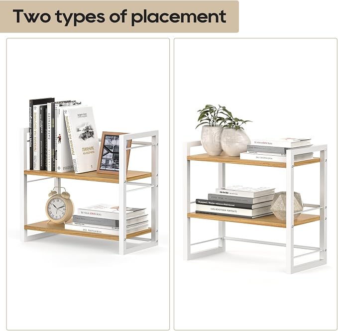 Office Desk Shelf Organizer, Wood Desktop Bookshelf Supplies Storage Rack, Shelf for Top of Desk and Dresser (White-2 Tier) - Image 6