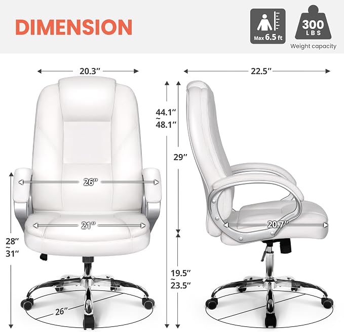 NEO CHAIR Office Desk Chair PU Leather Chair with Lumbar Support, All White | Ergonomic High Back Executive Computer Chair, Comfortable Padded Fixed Armrests Swivel Chair with Wheels for Office/Home - Image 2
