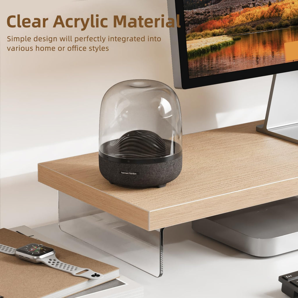 Monitor Stand Riser, 25x10 in Wood & Acrylic Computer Desk Organizer Shelf - Image 3