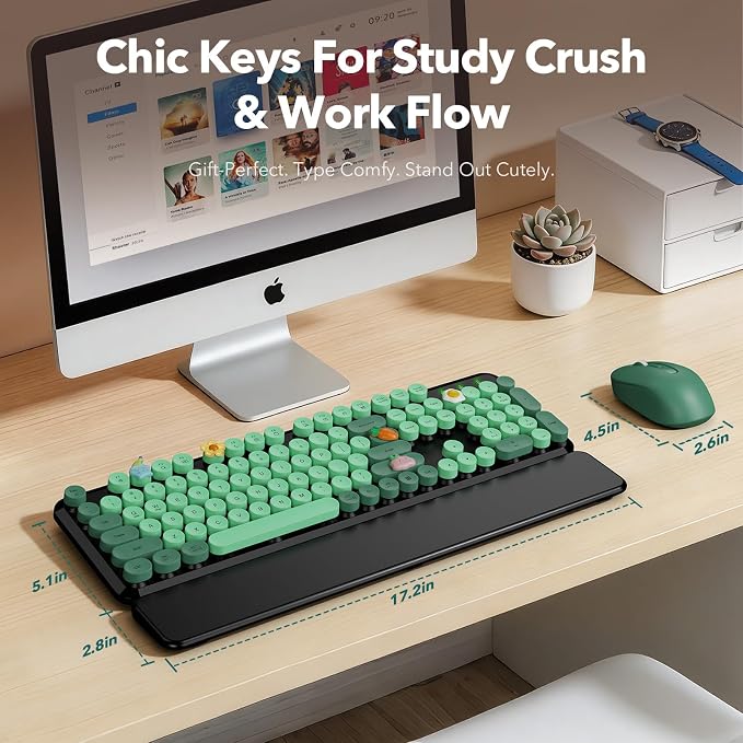 Wireless Keyboard and Mouse Combo, Round Keycaps, Full-Size Retro Typewriter Keyboard with Magnetic Wrist Rest, Tilt Legs, 2.4GHz Cordless for Mac, Windows PC, Laptop, SABLUTE CK23, Black & Green | Full-Size Retro Typewriter-Style Keyboard, Tilt Legs, ... - Image 8