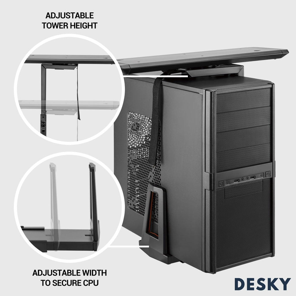 Desky Sliding CPU Mount – Under Desk Adjustable PC Holder with 360° Swivel & Slide Track, Fits Most Towers, Space-Saving Steel Bracket with Padding for Office or Gaming Setup – Black - Image 2