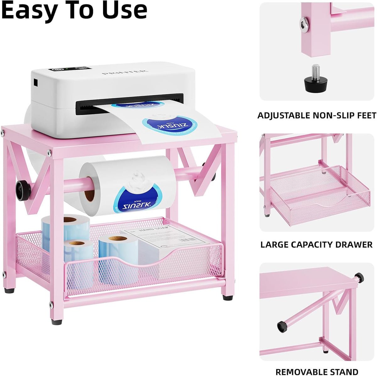 Marbrasse Label Holder for Rolls and Fanfold Labels, Metal Thermal Label Printer Holder with Drawer, Shipping Label Stand,Sticker Roll Holder for Home, Office, Small Business,Pink - Image 3