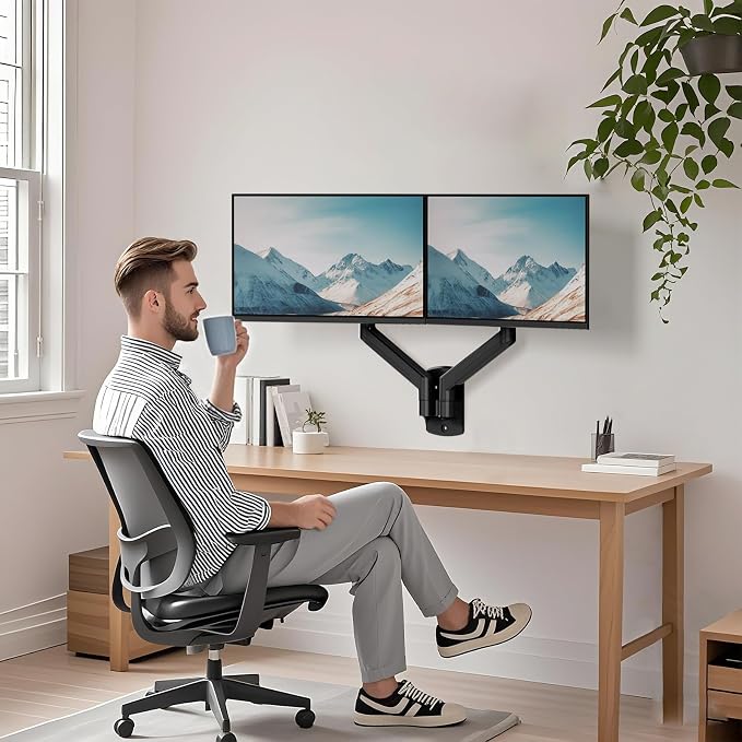 WALI Dual Monitor Wall Mount for 17-32 inch Screens, up to 22 lbs per Arm | Wall Mount Monitor Arms for 2 Monitors, Full Motion with Height Adjustment, Tilt, Swivel, Rotation, VESA 75/100mm (GSWM002) - Image 6