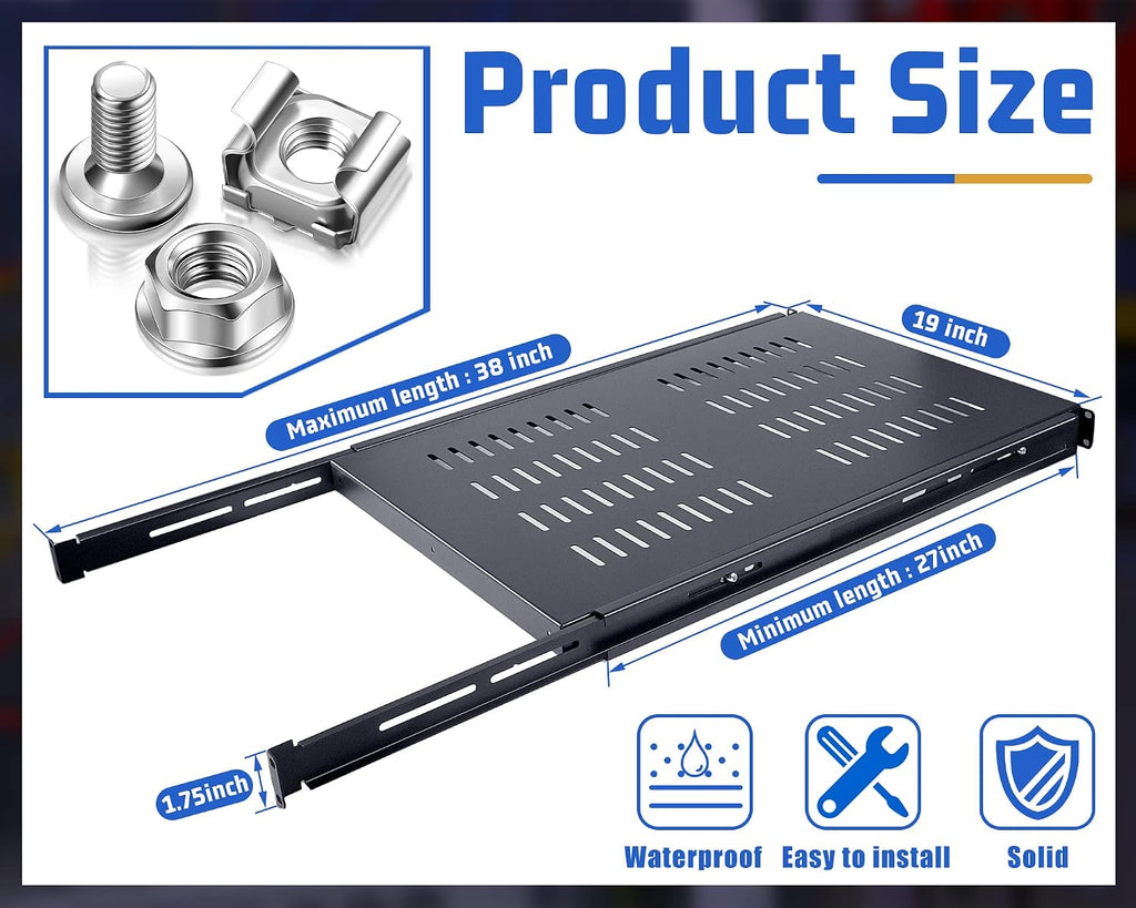 1U Adjustable Rack Mount Shelf Vented Server Rack Drawer 175 lbs 27.5 to 38 Inch Adjustable Mounting Depth Blanking Panel Kit Universal Tray for 19 Inch AV/Network Equipment, Black(1 Piece) - Image 2