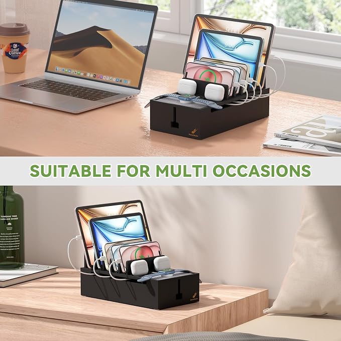 Pezin & Hulin Bamboo Cable Management Box, No Power Adapter -Black | Wire Organizers for Cords, Charge Station Box, Desktop Dock Organizer Rack for Electronic Device (Include 6 Cables) - Image 8
