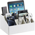 PU Leather Desk Organizer, Remote Control Holder, Ivory | Luxury Nightstand Organizer for Home, Office Desk Accessories, Bedside Table Caddy with 5 Compartments, Velvet Lining by MEIBOOCH