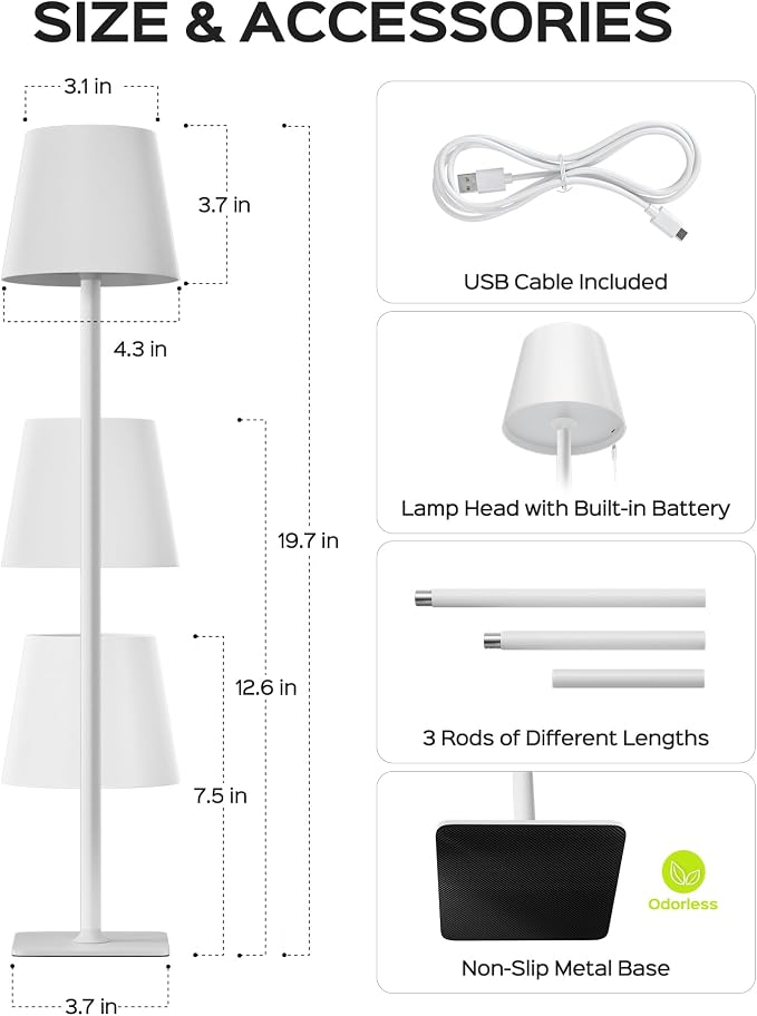 JACKYLED Cordless Lamp DIY Height, 3 Color Stepless Dimming, 5000Capactiy Opwer Operated Lamp Portable Rechargeable for Bedroom Dinning Kitchen, White, 2 Pack - Image 7