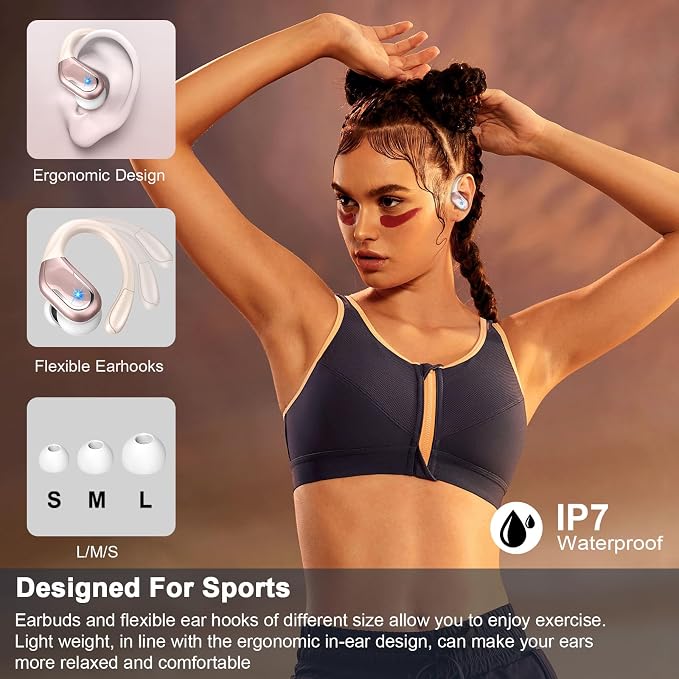 Wireless Earbud, 75H Bluetooth 5.4 Headphones Sport IP7 Waterproof, Running Wireless Earphones with ENC Noise Canceling Mic, 3D Bass Over Ear bud with Earhooks for Android, iOS, Workout, Gym, Rosegold - Image 6