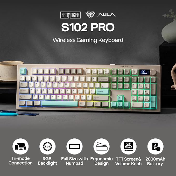 EPOMAKER Aula S102 PRO Membrane Gaming Keyboard w/TFT Screen & Volume Knob | Silent Keyboard w/ Number Pad for PC Game/Office, BT/2.4G/USB, RGB Backlit, Creamy Silicone Structure (Grey) - Image 2