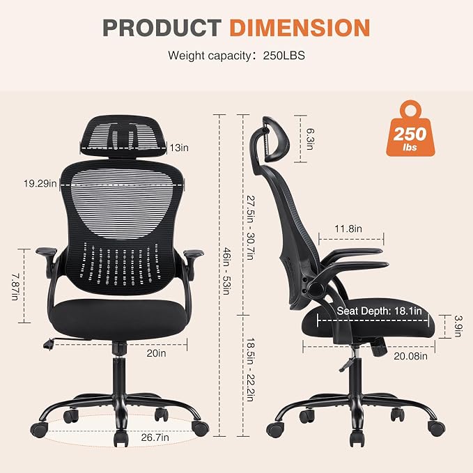 Sweetcrispy Computer Desk Chair, Mesh Office Chair with Lumbar Support | Ergonomic High-Back, Rolling Work, Adjustable Headrests, Flip-up Arms, Home Bedroom Study, Black - Image 2