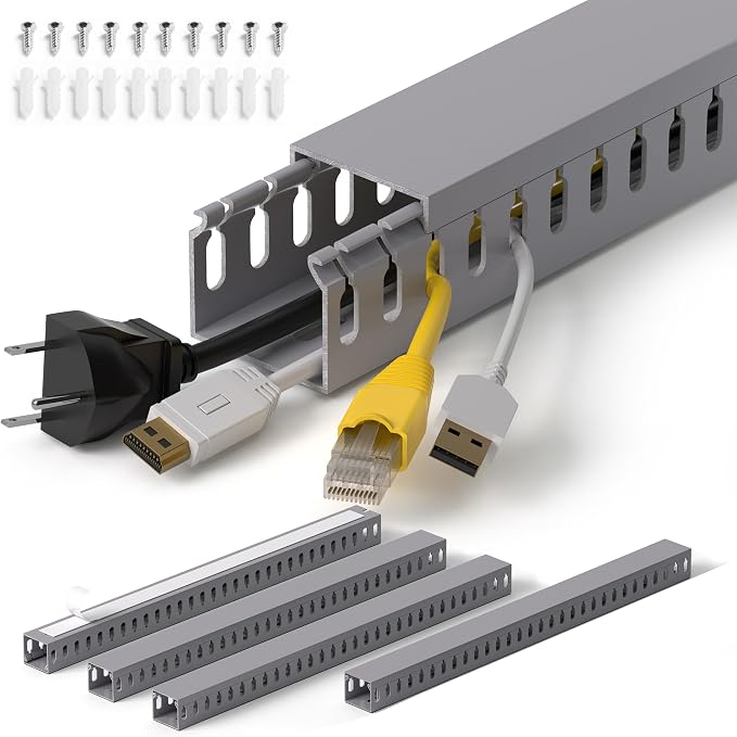 1.4"H x 1.6"W Cable Raceway, 66in Under Desk Wire Management Channel, Grey | Slotted Wire Duct, 4Pack, 16.5in Each, Heavy-Duty PVC Cable Management for Server Racks, Network Cables & Electrical Cabinets by ZhiYo