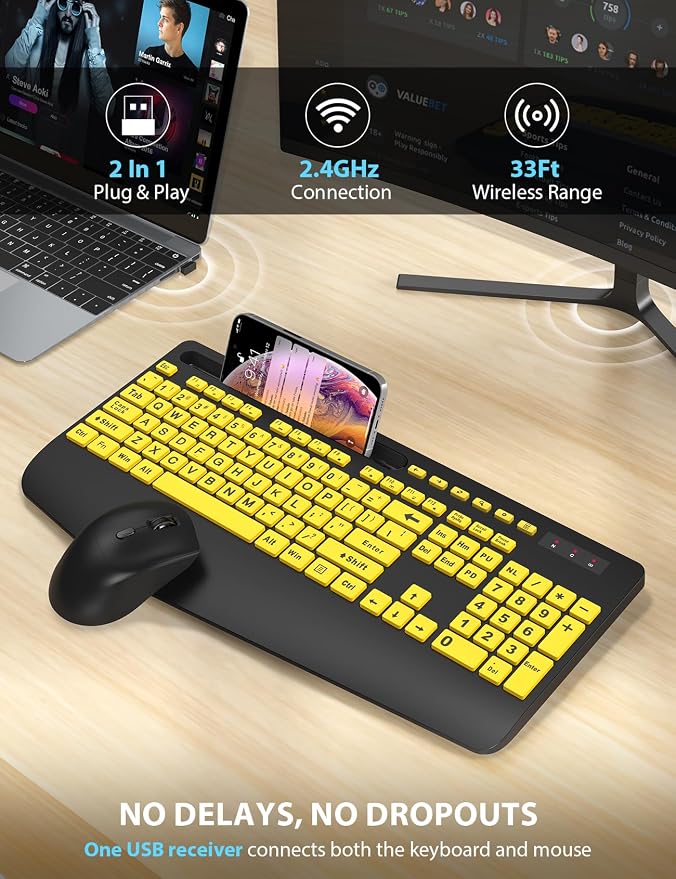 Wireless Keyboard and Mouse Combo - Large Print Ergonomic Keyboard with Wrist Rest, Phone Holder, Sleep Mode, Silent 2.4GHz Keyboard Mouse Set for Computer, Laptop, PC, Mac, Windows - Trueque - Image 5
