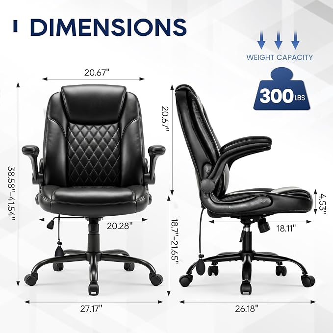 MALOL Leather Office Chair with Adjustable Lumbar Support Set of 2, Black | Computer Desk Chair with Thick Cushion, Flip-Up Arms and Ergonomic Back, Comfy Executive Office Chair for Home Office Gaming - Image 2