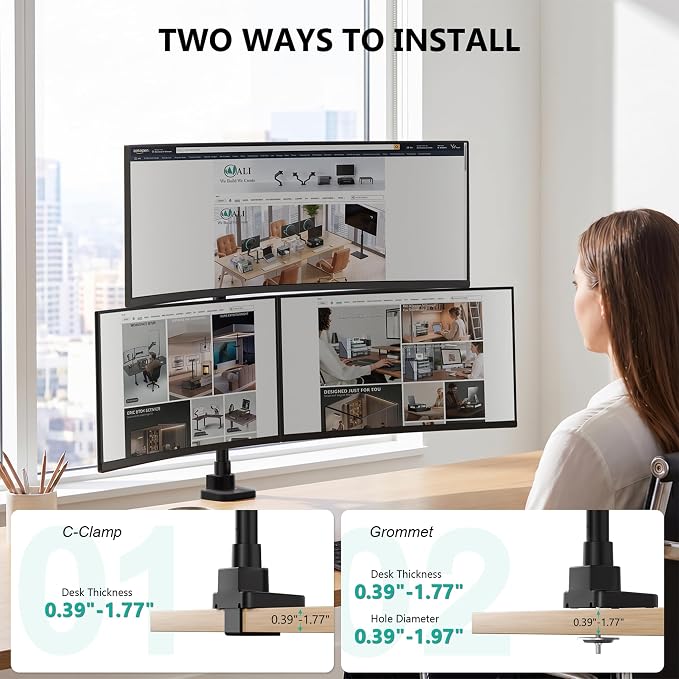 WALI Stacked Triple Monitor Mount for 49" UItrawides and Dual 34" Monitors | Heavy Duty 3 Monitor Arm up to 33 lbs, Full Motion with Tilt, Swivel, Rotation, C-Clamp & Grommet Base, VESA 75/100mm, Black - Image 4