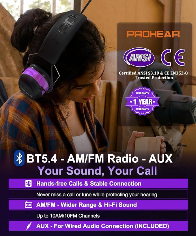 PROHEAR 033 AM FM Bluetooth 5.4 Radio Headphones Hearing Protection 31dB SNR - 58Hrs Playtime - Ear Protector for Mowing Lawn, Gifts for Women (Purple) - Image 5