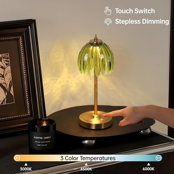 Shenmoyl Tulip Table Lamp with 5000mAh Battery & Touch Control, Cordless Table Lamp with 3 Colors, Dimmable Rechargeable Table Lamps for Bedroom, Nightstand, Living Room, Entryways (Green Tulip) - Image 3