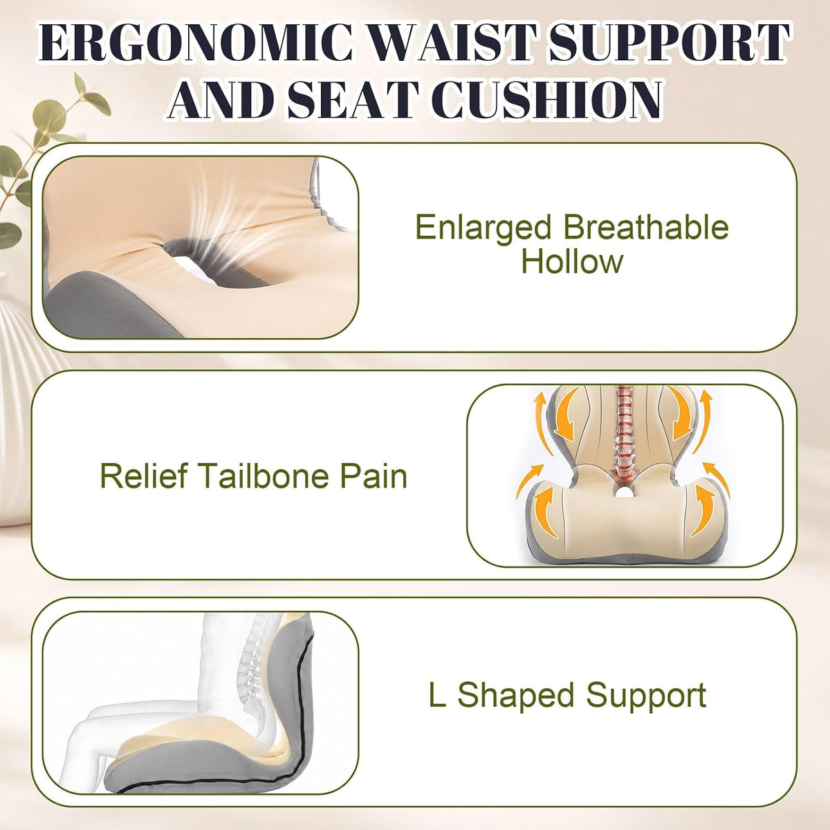 Ergonomic Seat Cushion Back Support for Office Chair Car, Beige Gray - Image 5