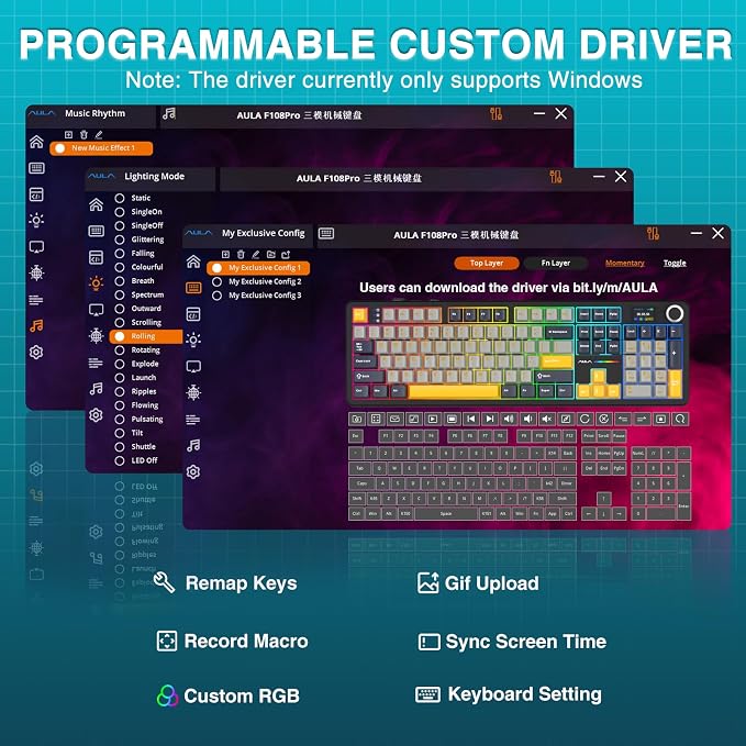 AULA F108 PRO - Wireless Mechanical Keyboard with Screen&Knob,Hot Swappable Gaming Keyboard with 8000mAh Battery,Pre-lubed Switches,RGB Backlit,PBT Keycaps Creamy Sounding Computer Keyboards,104 Keys - Image 9