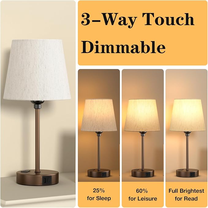 Brown Bedside Lamps Set 2 for Bedroom - Dimmable Touch, USB C+A, AC Outlet | 14.5" Mini Lamp, 3-Way Dimmable, LED Bulbs Included, Cream Barrel Fabric Lampshade, Nightstand Light for Guest Room, Kids - Image 5