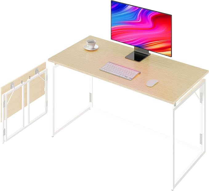 39.4" Folding Desk: No Assembly, Wood Top for Small Spaces | 39.4 in dual-monitor workspace, holds 150 lbs, folds flat to 2.3 in, splash-proof top, home office or gaming by ALAWOODER
