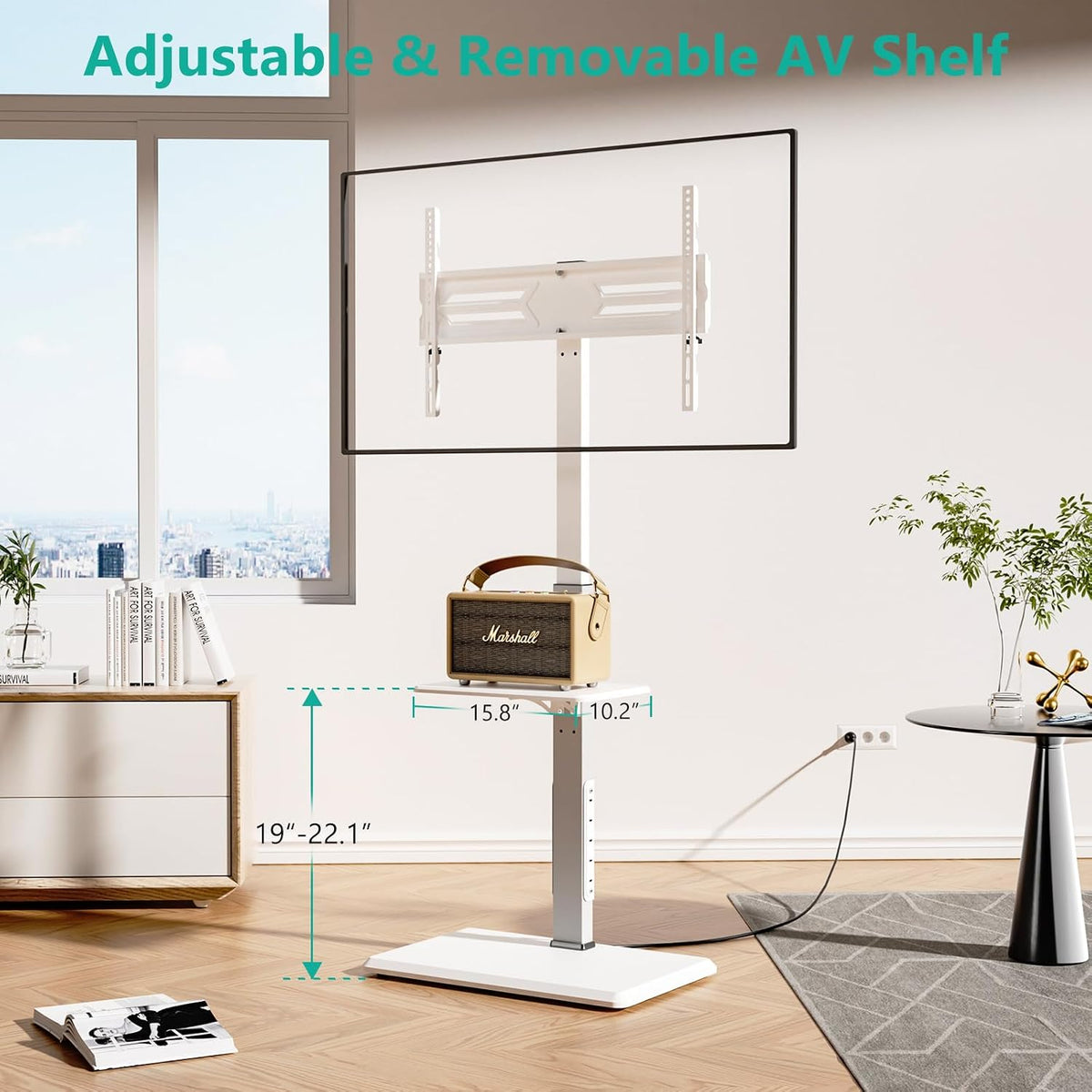 WALI Floor TV Stand with Power Outlet & AV Shelf, Tall TV Stand Mount for 36-75 inch TV up to 110 lbs, Swivel and Height Adjustable TV Stands with Wood Base for Bedroom, Office(TVDVD-6PW), White - Image 4