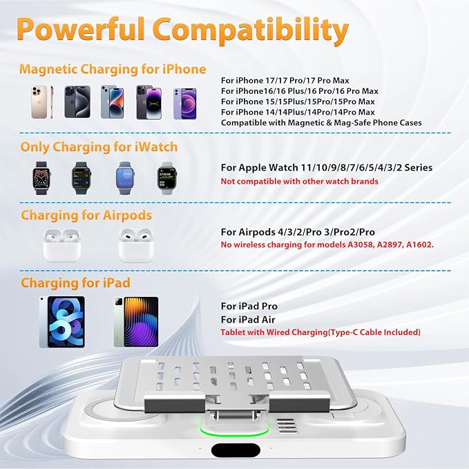 Wireless Charging Station for Apple Devices, Only for Apple Watch Charging | Included Type-C Cable for Tablet Charging, Foldable Wireless Charging Station, 7 Cycling Ambient Lights, Time Clock Display - Image 2