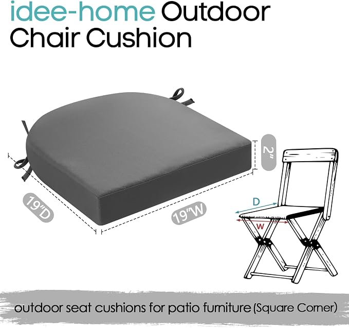 idee-home Outdoor Chair Cushions Set of 4, 19 x 19 Outdoor Seat Cushions | Patio Chair Cushions for Outdoor Furniture Waterproof with Ties, Outdoor Seat Cushion, Patio Chair Pads Dining Chair - Image 8