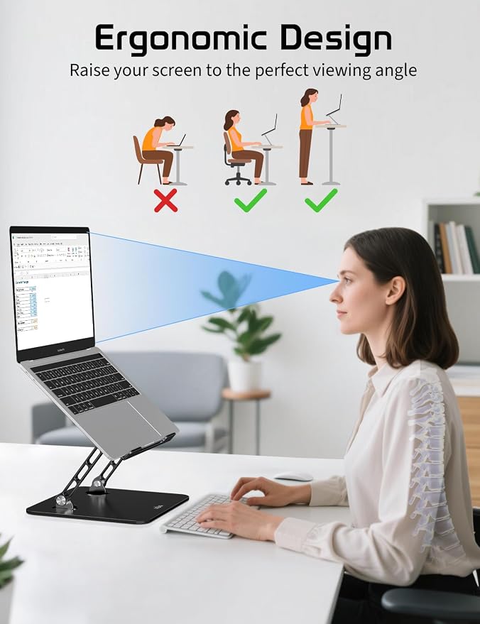 Adjustable Aluminum Laptop Stand for Desk,Ergonomic Riser, Black | Open Ventilated Design, Fits MacBook Pro/Air & 10"-16" Laptops, Stable Support for Office, Home & Travel - Image 3