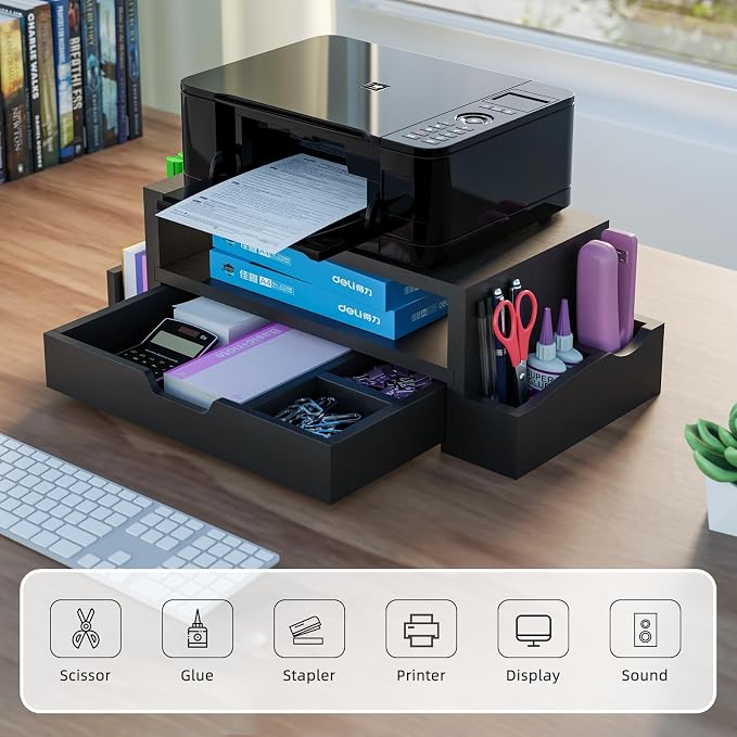 Simple Trending Wood Monitor Stand Riser, Desktop Oraganizer, Black | Desk Organizer and Accessories, Laptop & Printer Stand, Drawer & Pen Holder, for Home Office, 20.25"W x 9.25"D x 5.5"H - Image 5