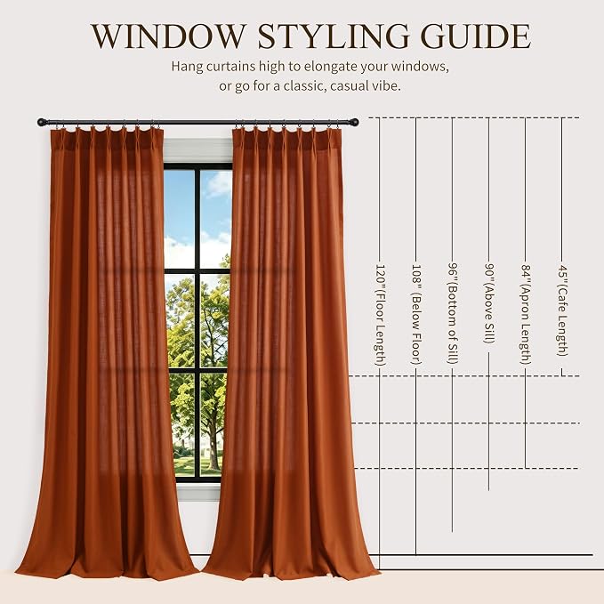 Hokibero Terracotta Pleated Linen Curtains 72 Inch Long for Living Room | Burnt Orange Light Filtering Sheer Curtain,Pinch Pleat Back Tab Hooks Rings,Boho Textured Privacy Drapes for Bedroom,2 Panels - Image 9