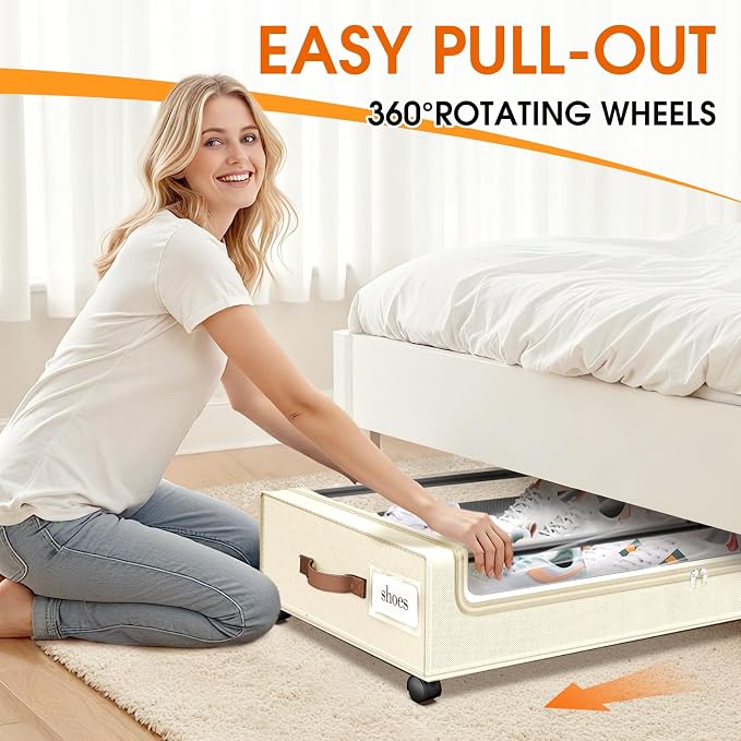 Under Bed Storage with Wheels 1Pack Storage Containers with Clear Window | Under Bed Drawers Rolling Under Bed Storage for Clothes,Shoes, Blankets (30.71 x 16.93 x 6.69 in, Beige) - Image 4